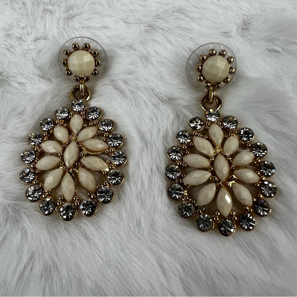 Teardrop Faceted Ivory Toned and Crystal Earrings